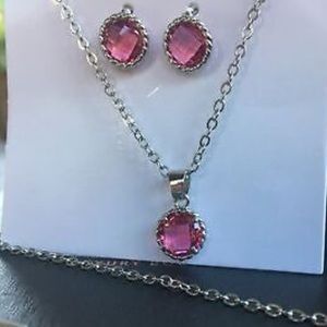 EFFY round Pink fashion JEWELRY SET stud EARRINGS and NECKLACE w/ PENDANT